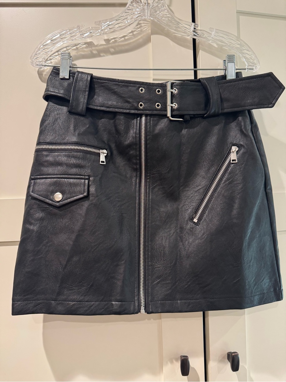 Topshop Black Faux Leather Zip-Front Mini Skirt with Belted Waist